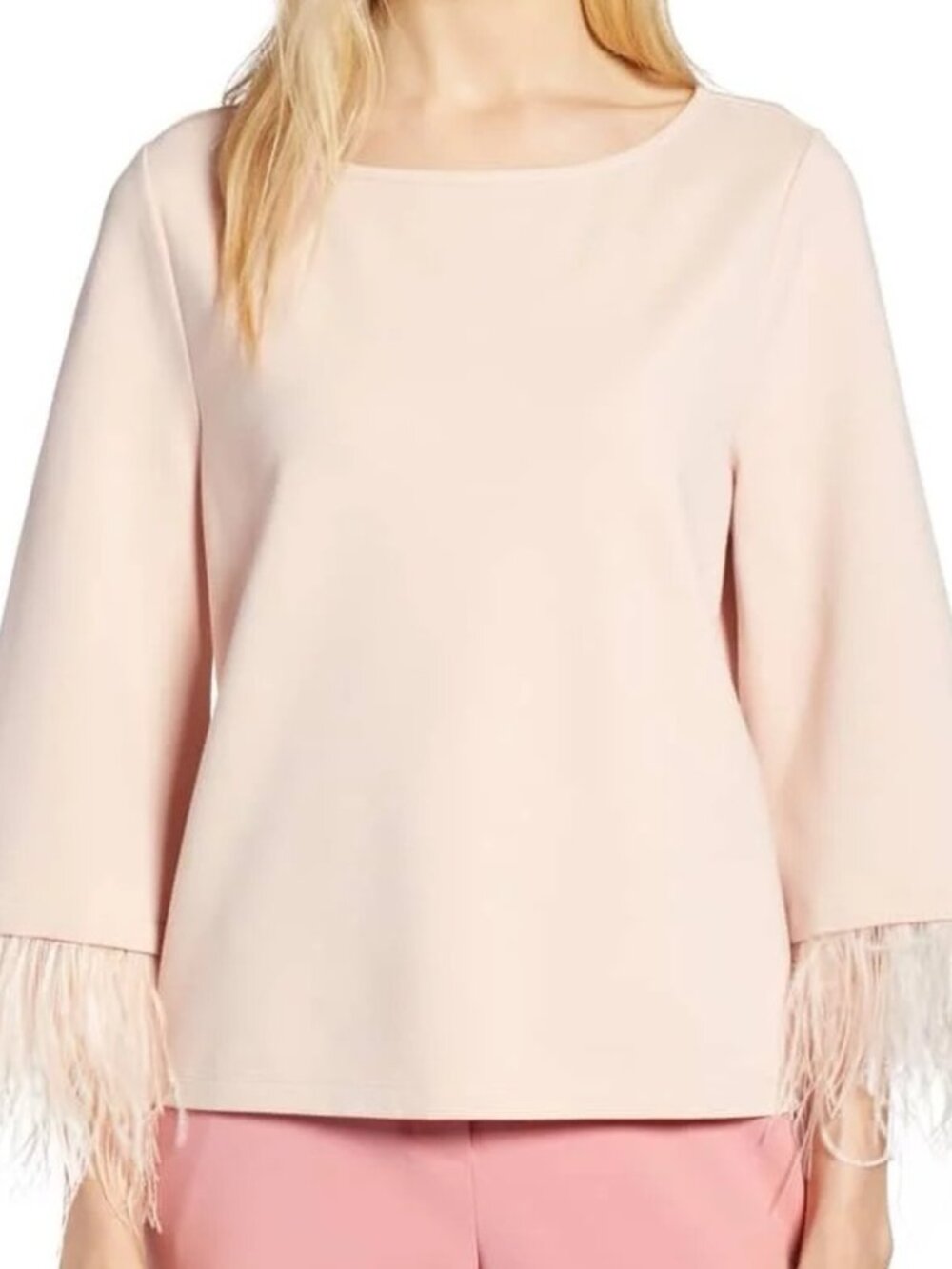 Halogen Detachable Ostrich Feather Blush Pink Ponte Cocktail Top Size 1X
